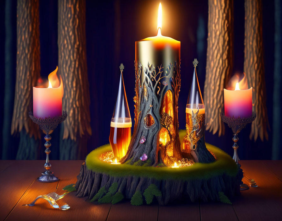 Candle tree trunk with goblets on mossy stump in dark forest