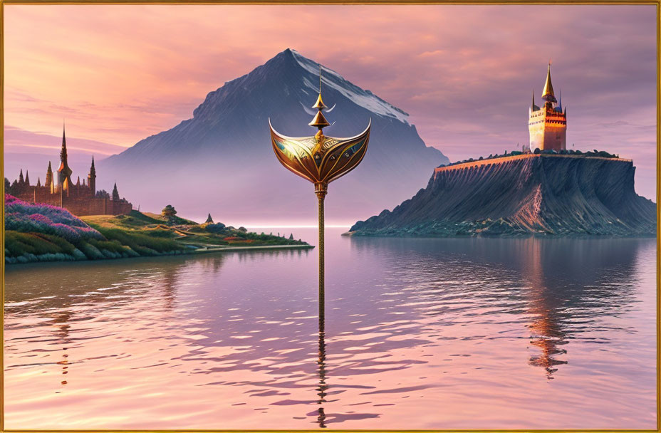 Fantastical landscape with golden spear, serene lake, castle, mountain at sunset