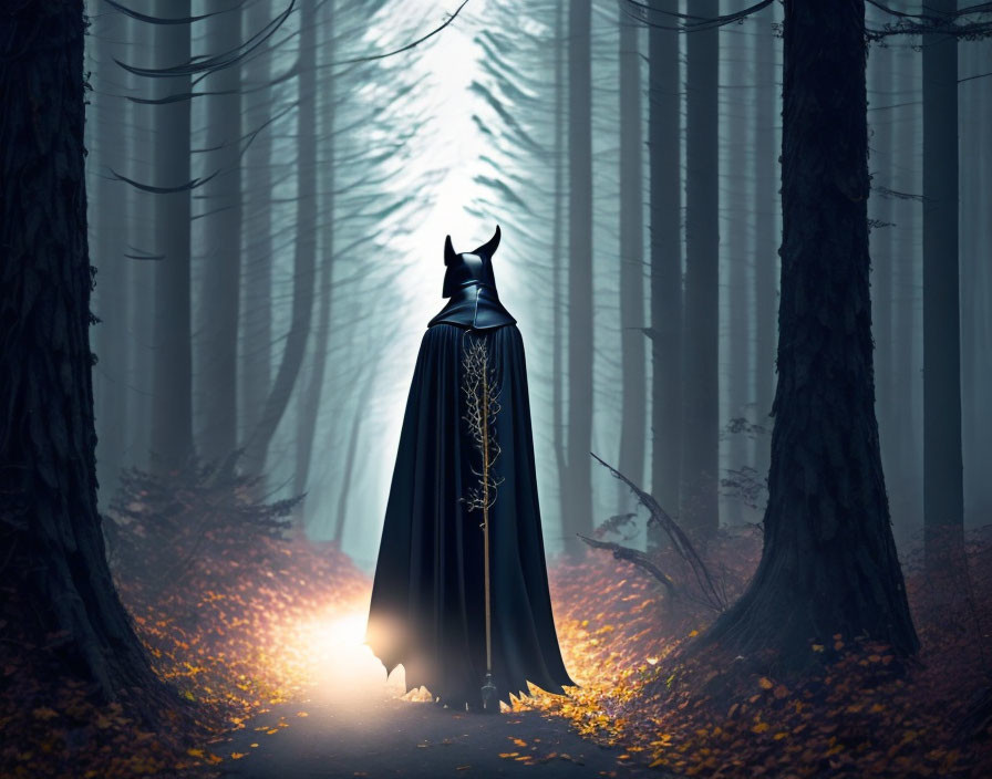 Mysterious figure in dark cape on foggy forest path