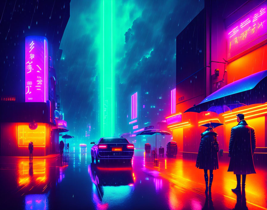 Futuristic neon-lit cityscape with figures and car in rain