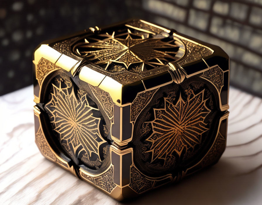 Detailed Black and Gold Puzzle Box with Geometric and Floral Patterns