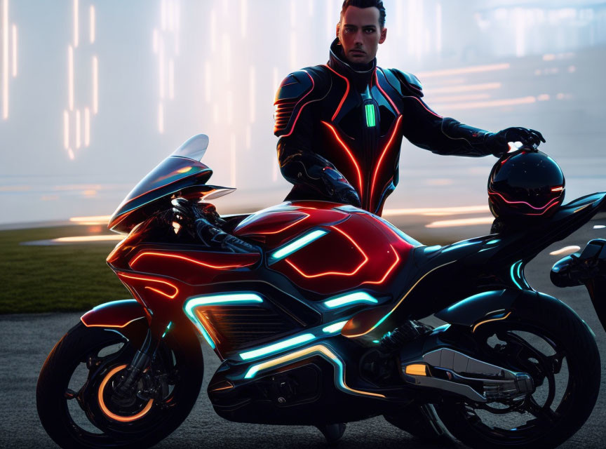 Futuristic man in glowing suit with motorcycle under neon lights