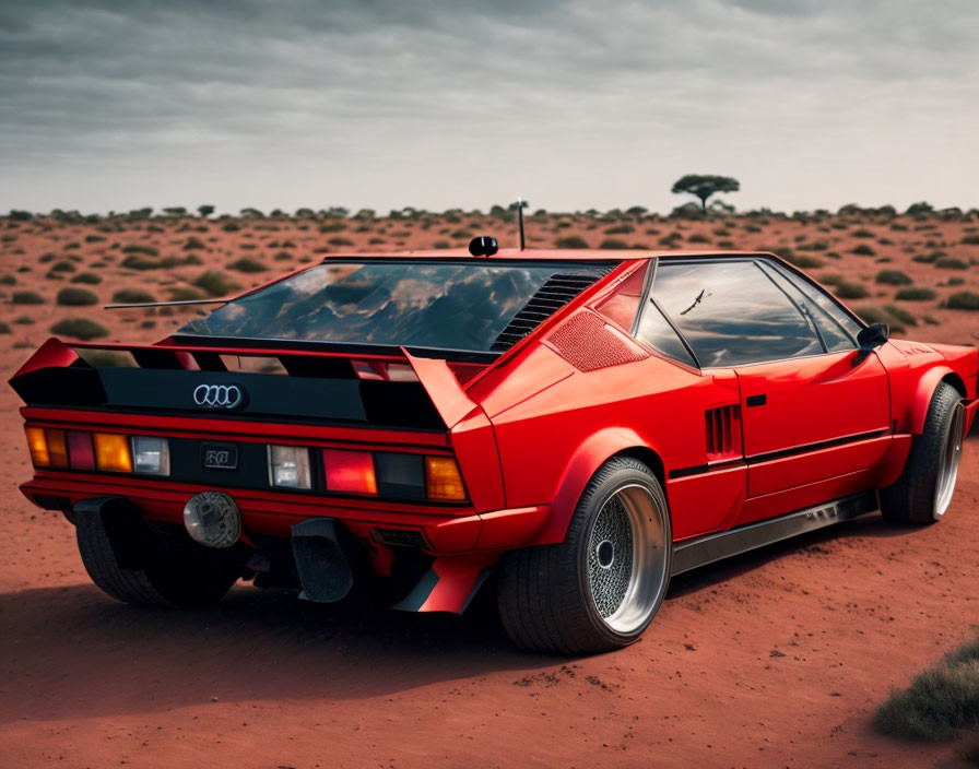 Vintage Red Audi Quattro Parked in Desert Landscape