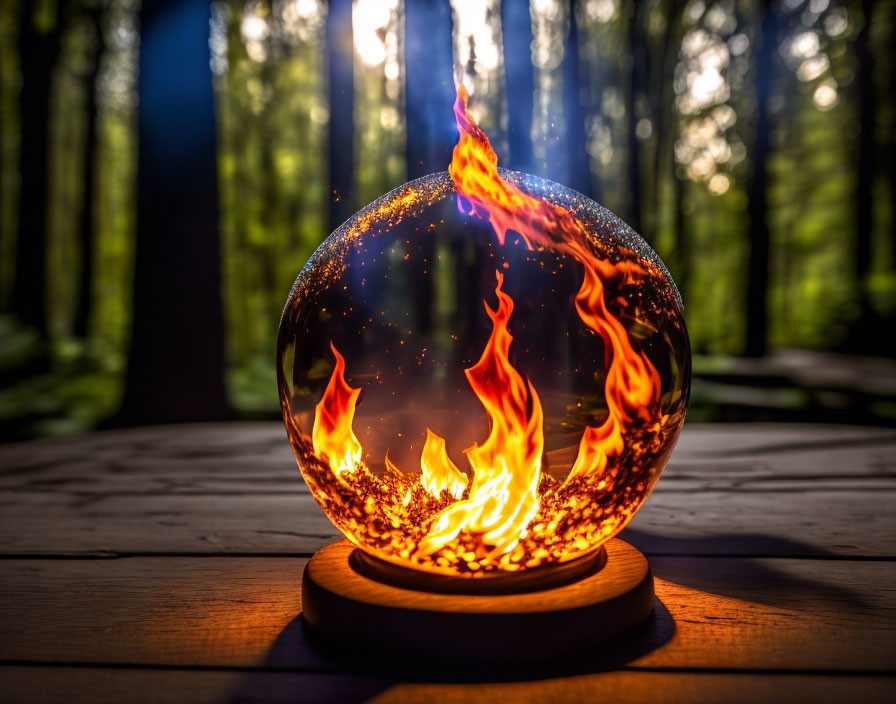 Crystal ball on wooden stand shows fiery forest illusion