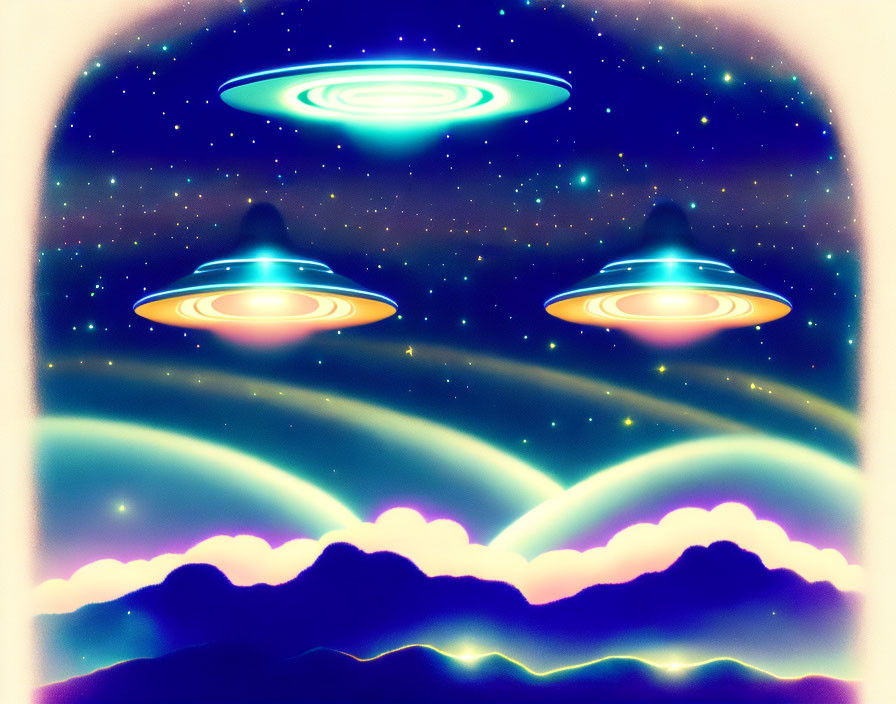 Colorful UFOs over vibrant hills under starry sky with beaming lights