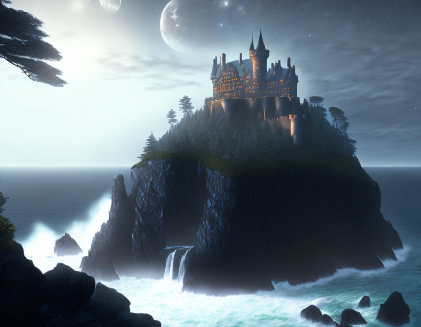 Castle on Cliff Overlooking Moonlit Ocean