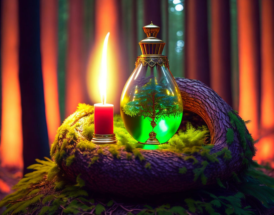 Red candle and glass bottle in moss on mystical forest background