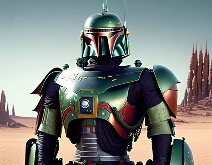 Mandalorian figure in armor with desert backdrop and spired structure