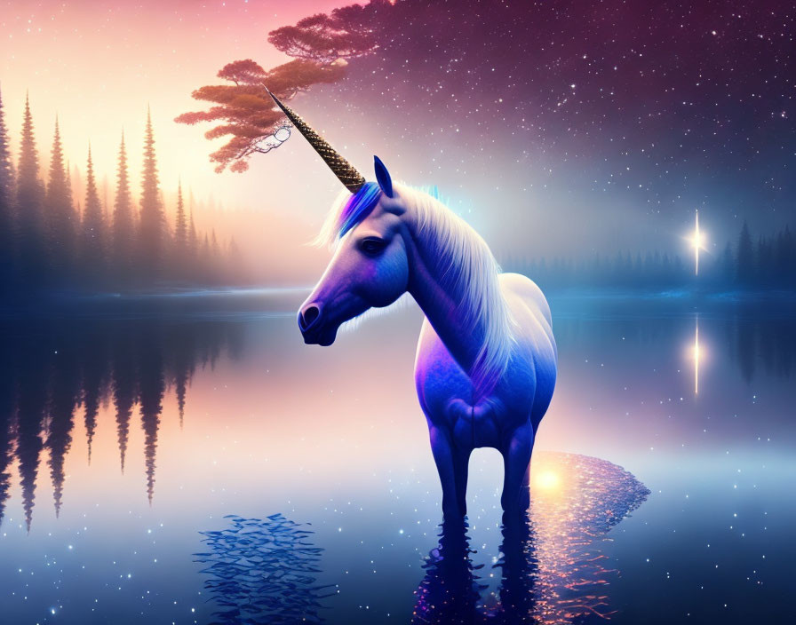 Majestic unicorn with glowing horn by reflective lake at twilight