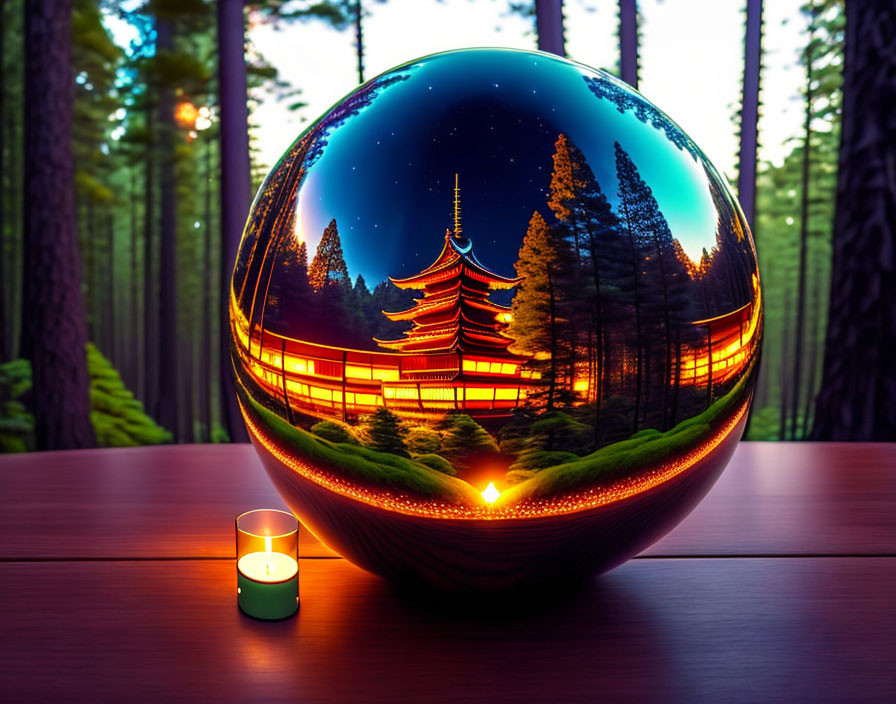 Crystal ball reflects pagoda and candle on wooden surface