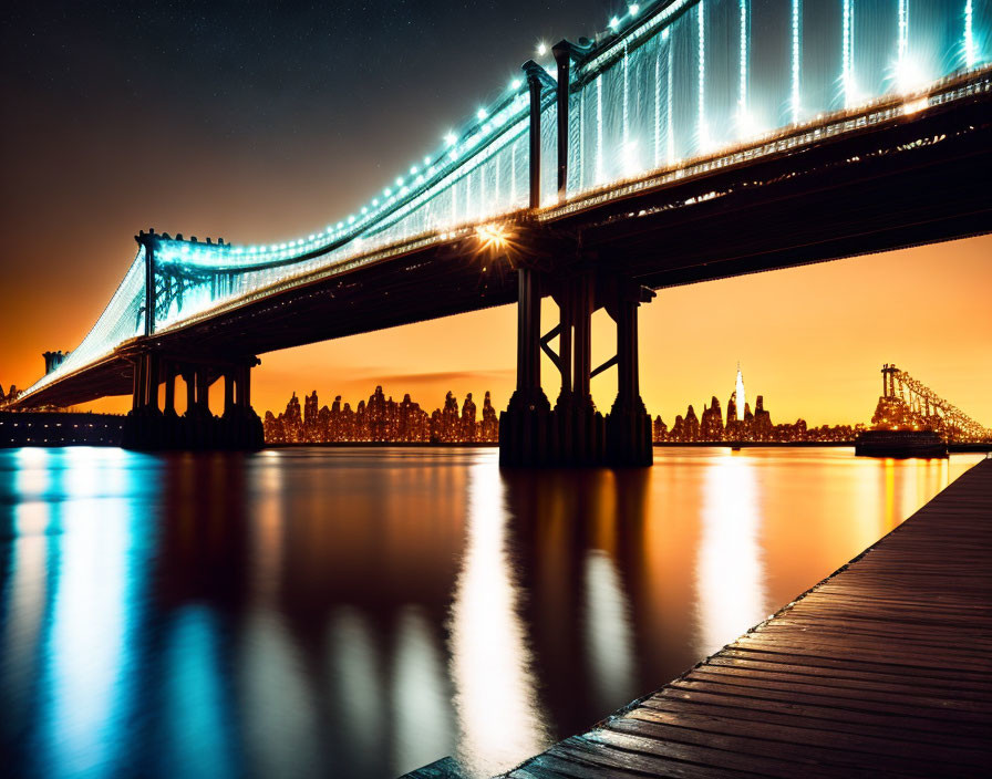 Lit suspension bridge over calm water at night with city skyline and wooden pier.