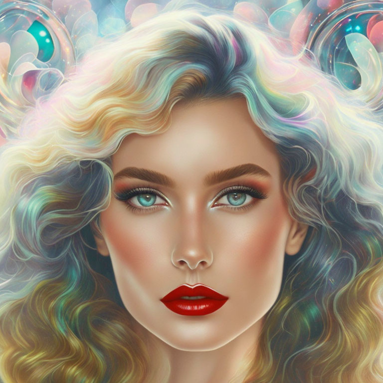 Colorful wavy hair and vibrant makeup portrait with ethereal headphones