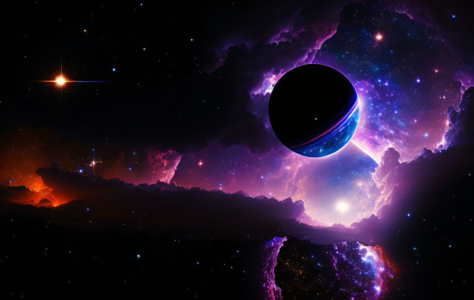 Colorful Space Scene with Planet, Nebula, Stars, and Light