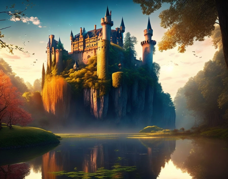 Castle on Cliff Overlooking Forest, Lake, and Sunrise