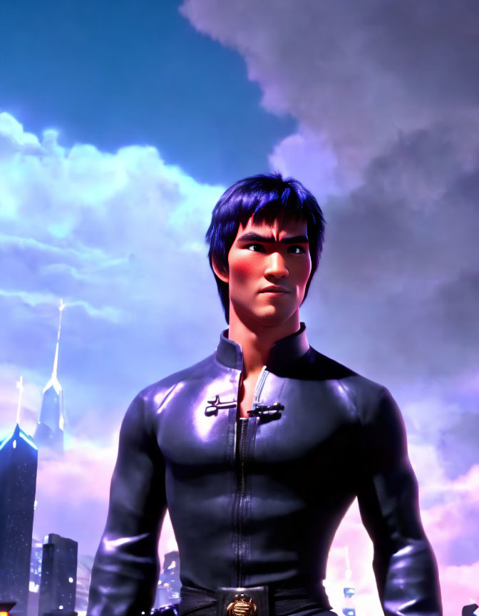 Male animated character in black outfit against purple-tinted dusk cityscape