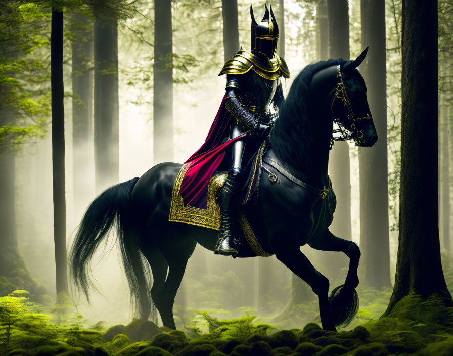 Knight on Black Horse Riding Through Misty Forest with Sunbeams