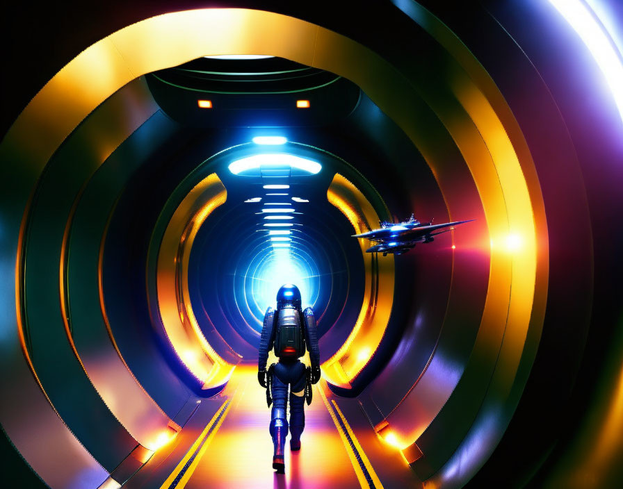 Futuristic tunnel with illuminated rings, jetpack person, and high-speed vehicle zooming.