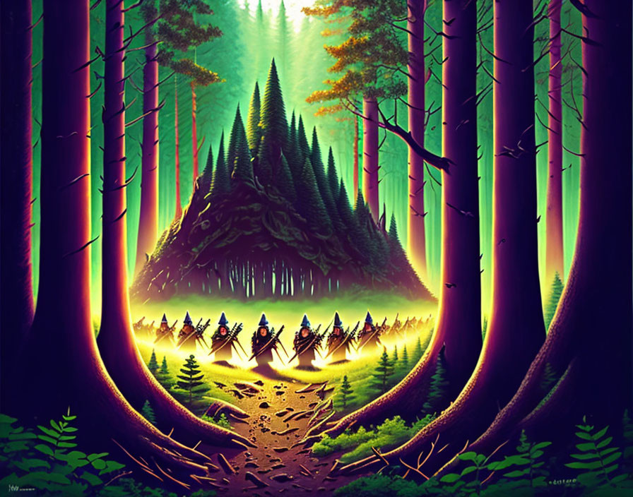 Fantastical forest scene with path, tree-shaped hill, and hooded figures