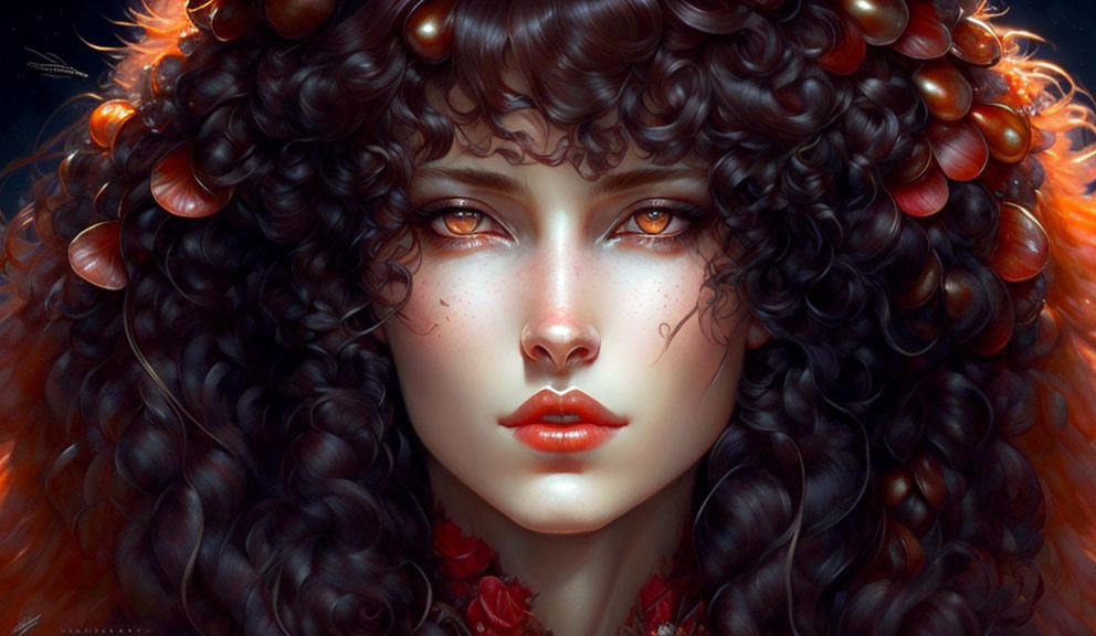 Digital artwork featuring woman with curly hair, red berries, leaves, fair skin, amber eyes