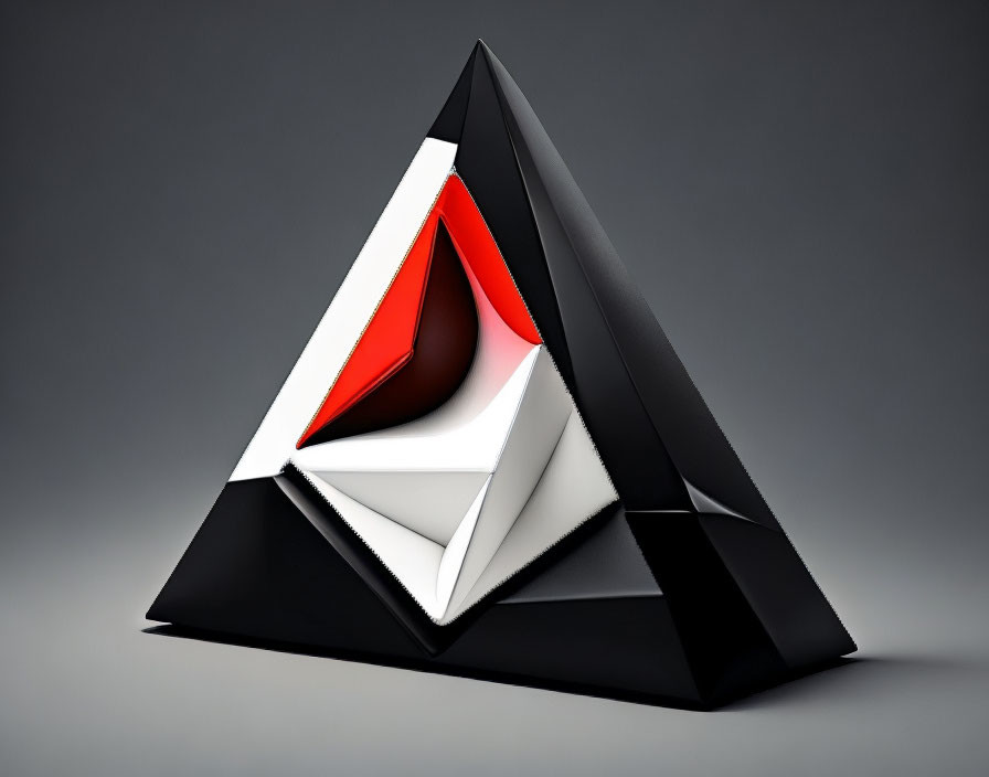 Abstract geometric sculpture with nested triangles in black, white, and red on gray background