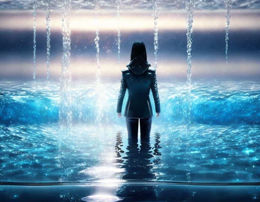 Person in Black Outfit Standing at Water's Edge with Beams of Light Filtering Through Water