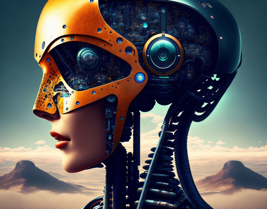 Female Cyborg Digital Artwork with Mechanical Details Against Twilight Sky