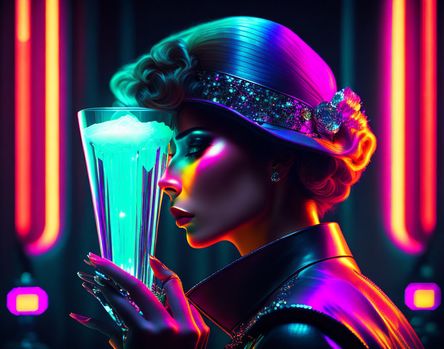 Stylized image: Woman in 80s glam makeup & attire with glowing cocktail in neon-l