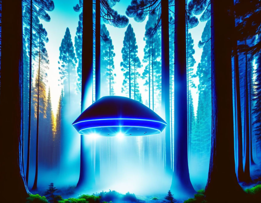 Mysterious UFO with blue lights in misty forest at night