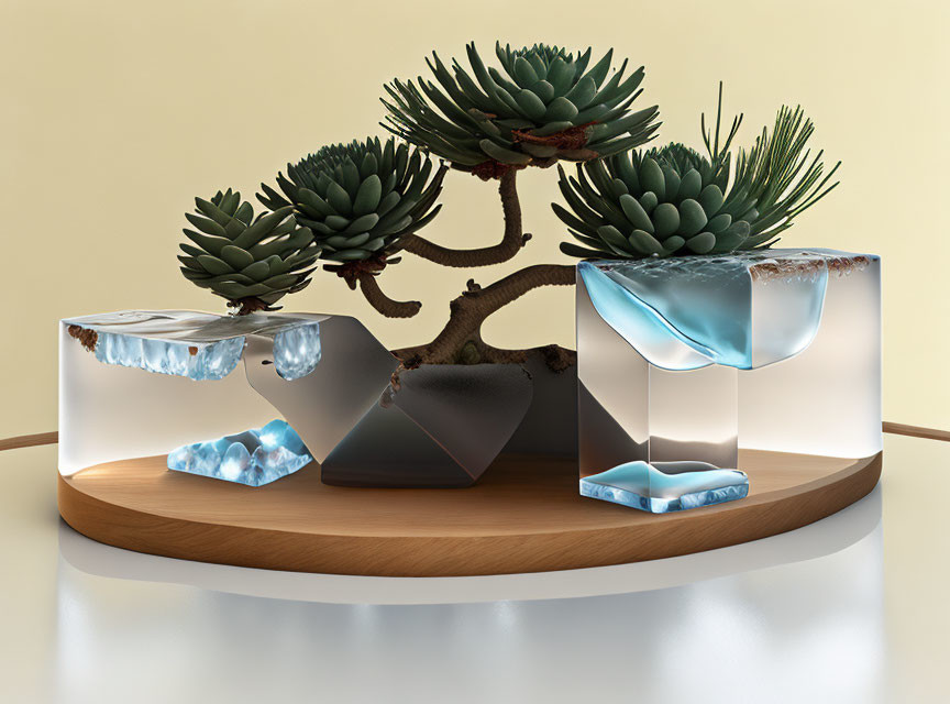 Succulent Plant in Geometric Cubes with Water and Stone on Wooden Base