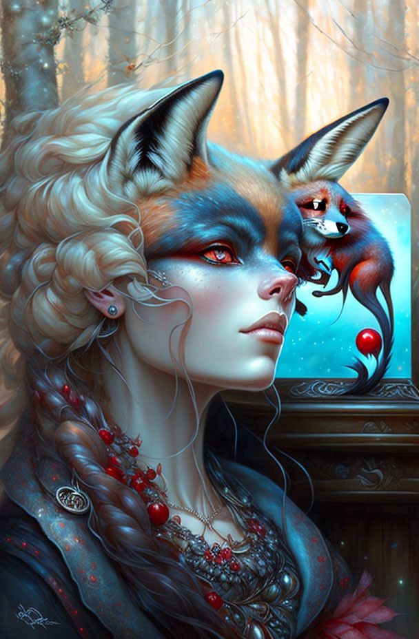 Fantasy illustration of a woman with fox-like features and intricate braids