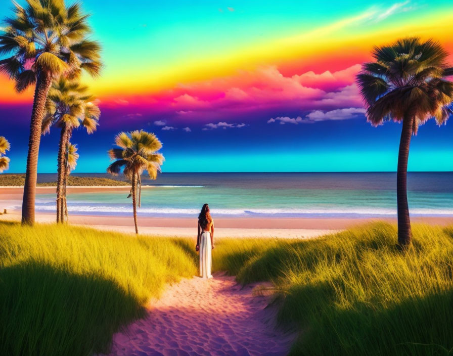 Serene beach path with palm trees under vibrant sunset sky