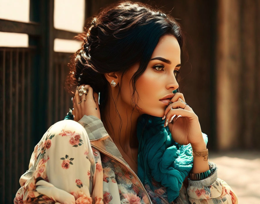 Dark-haired woman in floral attire gazes thoughtfully.