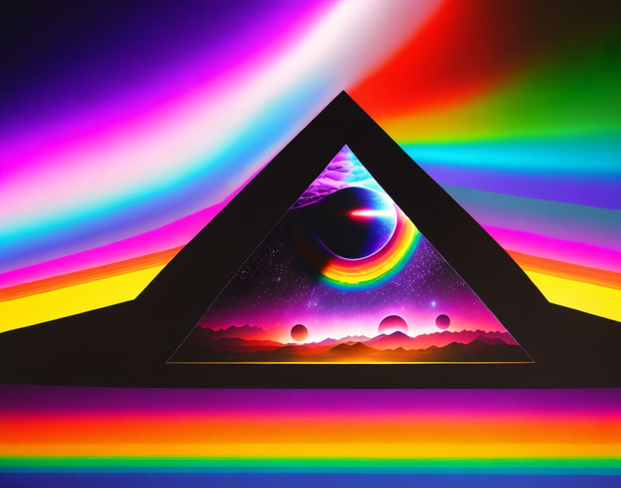 Colorful digital art: black triangle on rainbow backdrop with cosmic planets and stars inside