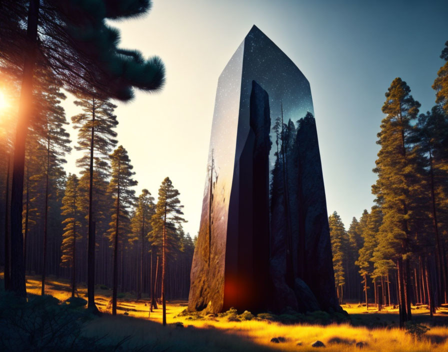 Monolithic mirrored structure in forest with starry sky