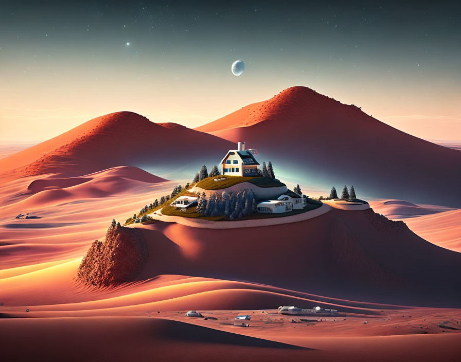 Surreal landscape: house on green oasis, sand dunes, twilight sky, crescent moon