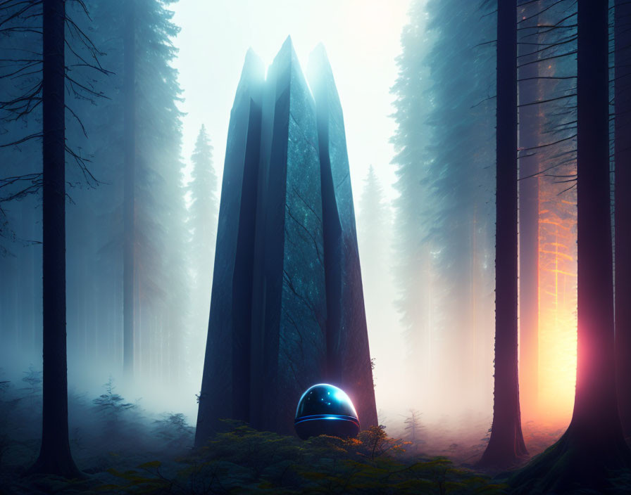 Futuristic helmet in misty forest with illuminated monolithic structure