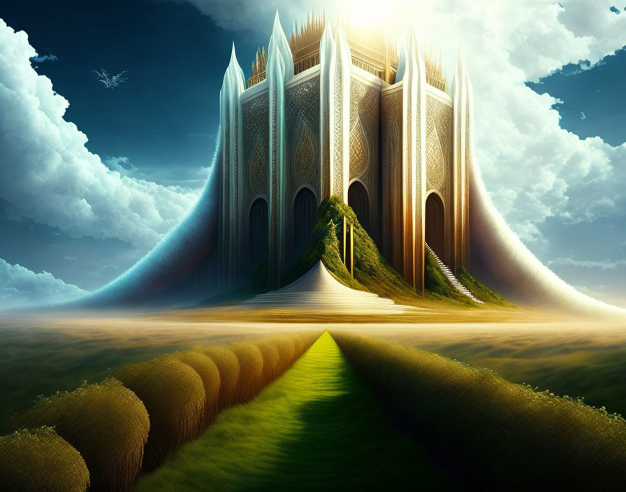 Majestic fantasy castle on hill with soaring towers