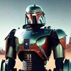 Mandalorian figure in armor with desert backdrop and spired structure