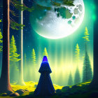 Person in Blue Cloak Stands in Mystical Forest with Full Moon