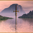 Fantastical landscape with golden spear, serene lake, castle, mountain at sunset