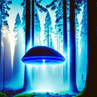 Mysterious UFO with blue lights in misty forest at night