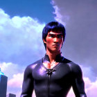 Male animated character in black outfit against purple-tinted dusk cityscape