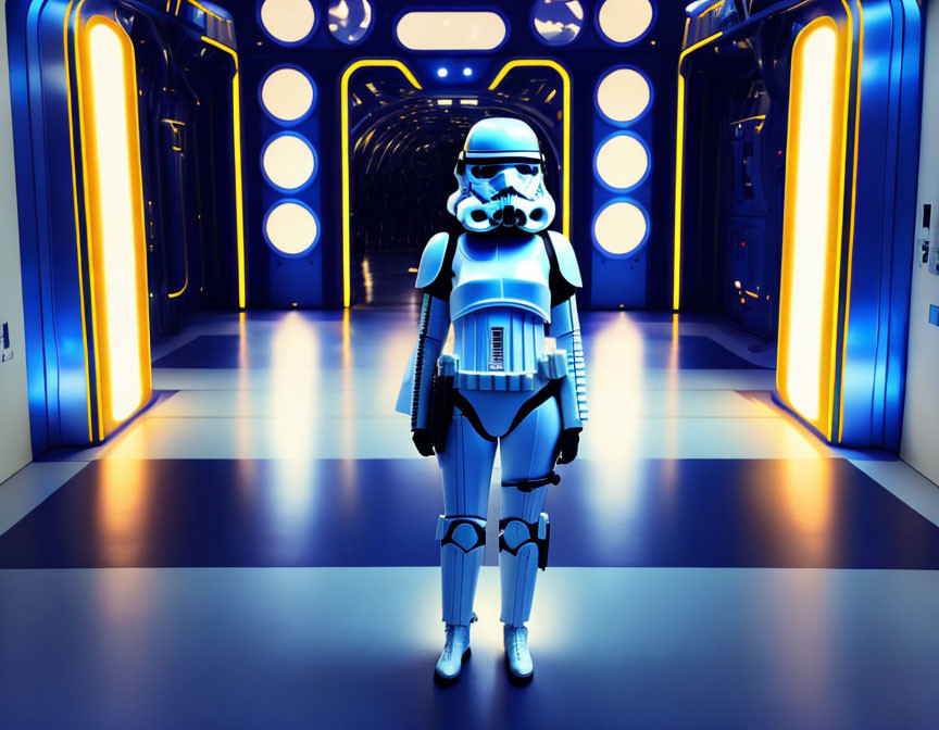 Stormtrooper in futuristic corridor with blue lights and circular doorways