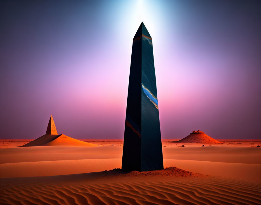 Surreal landscape with black monolith, sand dunes, and pyramidal structures