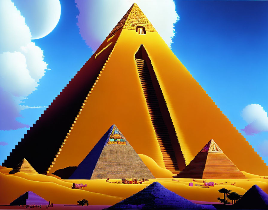 Surreal digital art: Egyptian pyramids under moonlit sky