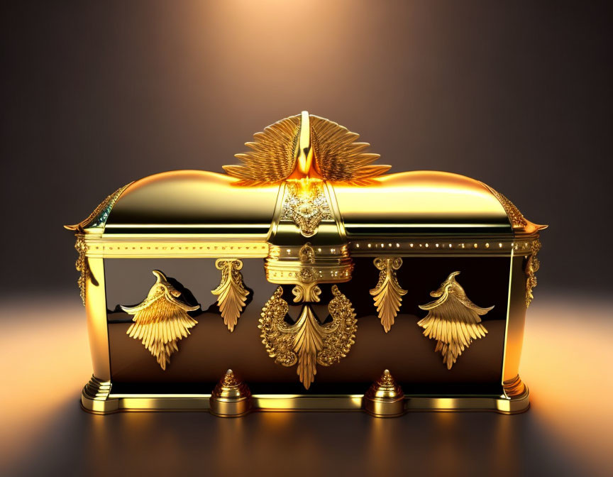 Golden Chest with Winged Motifs on Dark Gradient Background