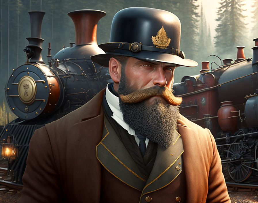 Bearded man in top hat poses with vintage locomotives in forest.