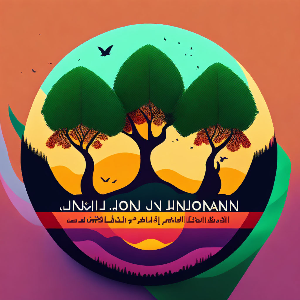 Circular Artistic Illustration of Silhouette Trees, Birds, and Sunset with Arabic Script