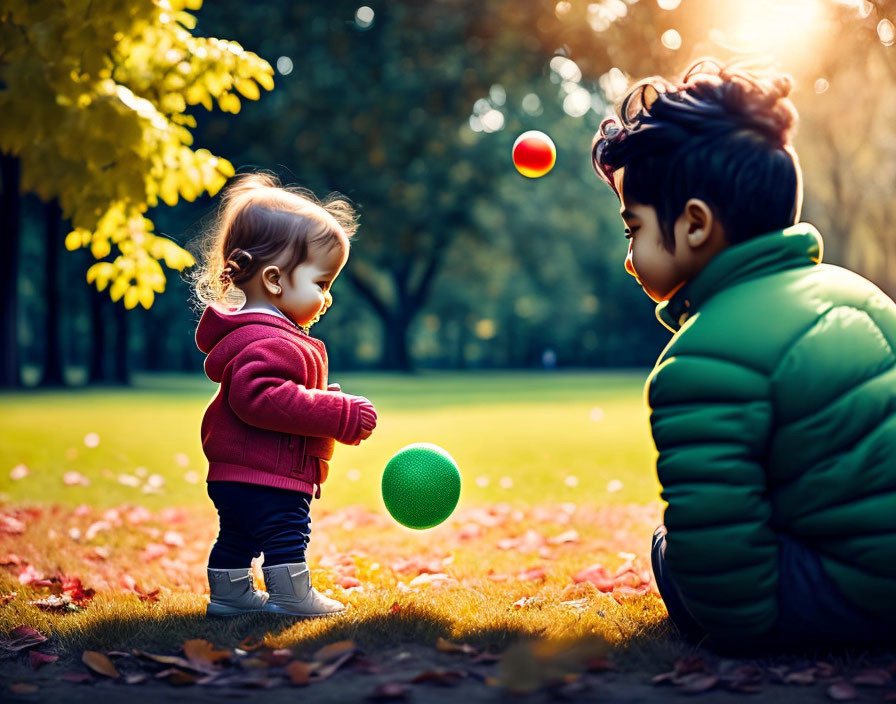 Toddlers playing with balls in sunlit autumn park