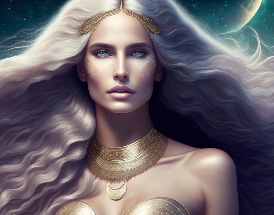 Fantasy portrait of woman with white hair, blue eyes, gold jewelry, freckles, under